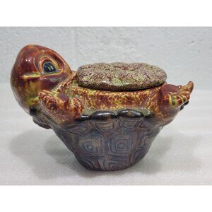 Vintage Artisan Glazed Ceramic Turtle Trinket Holder Dish Planter 1985